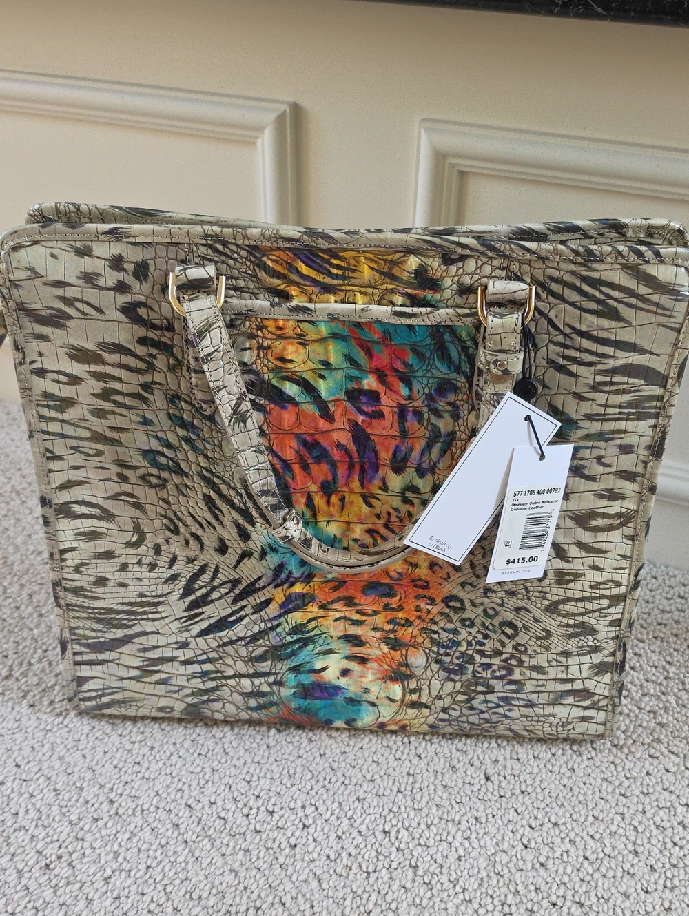 Multicolor Croc-Embossed Tote Bag with Vibrant Center Accent
